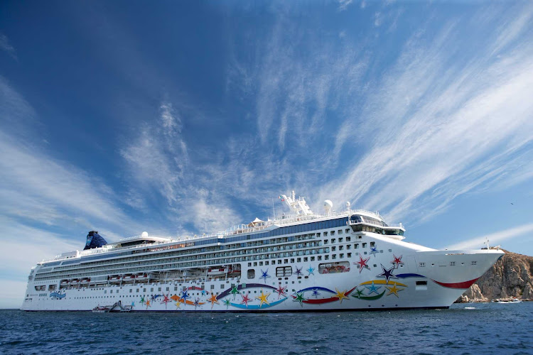 The fancifully decorated Norwegian Star calls on Los Cabos, Mexico.