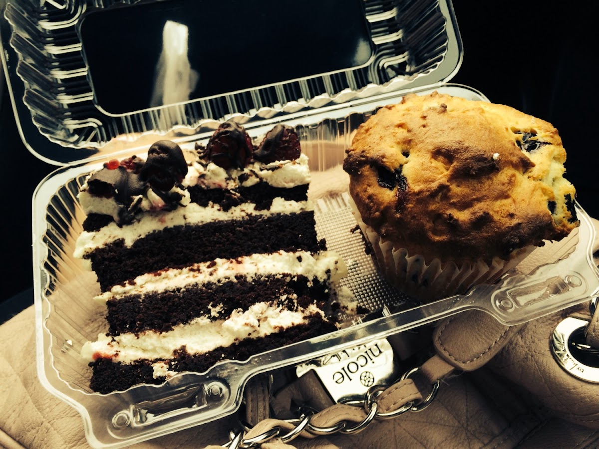 Black Forest cake ( absolutely amazing!) and a blueberry muffin