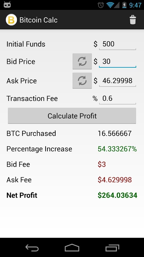 Android application Bitcoin Profit Calculator screenshort