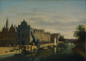 RIJKS: Gerrit Berckheyde: De Waag (Weighing House) and Crane on the Spaarne, Haarlem 1698