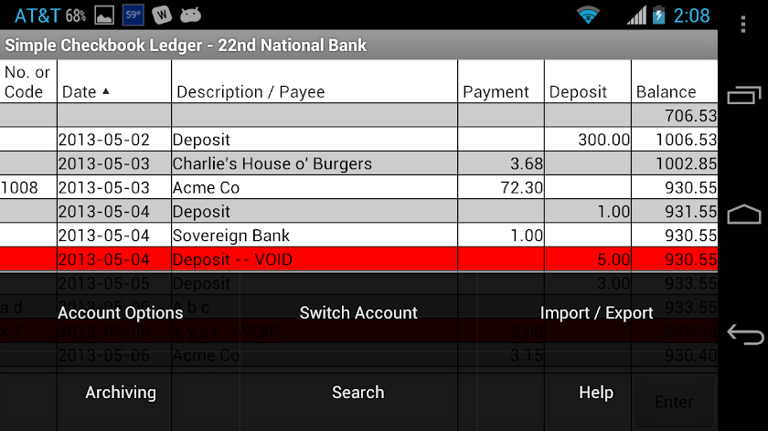 Simple Checkbook Ledger Screen 2