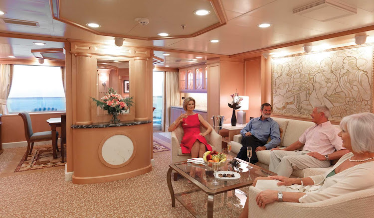 A master suite aboard Queen Elizabeth offers guests with a spacious sitting area, walk-in wardrobe, large furnished private balcony, tasteful decorations and a personal butler. The suites run 1,100 square feet or more.
