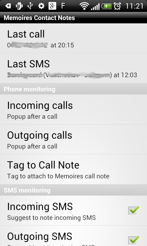 Memoires Contact Note Screen 1