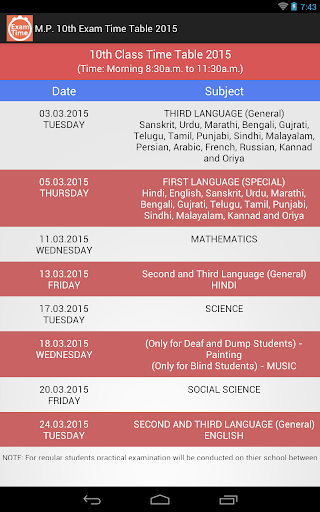 M.P. 10th Exam Time Table 2015