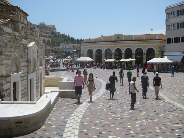 The center of Monastiraki. The yellow building is the subway stop.