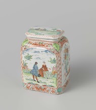 Veelkleurig beschilderde theebus met deksel van faïence