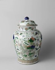 Baluster covered jar with flower baskets, flower sprays and insects