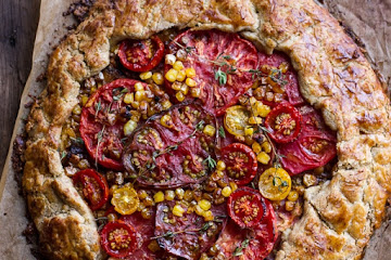 Caramelized Corn and Heirloom Tomato Galette w/Herbed Roasted Garlic Goat Cheese.