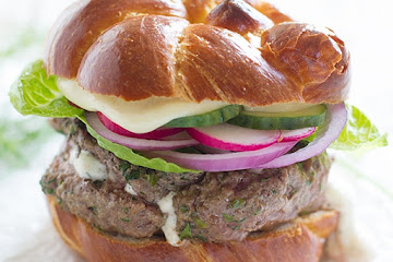 Cheese-Stuffed Herb Burgers with Creamy Honey Mustard