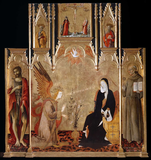 Annunciation with Saints John the Baptist, Bernardine of Siena; Crucifixion, Saints Peter and Paul