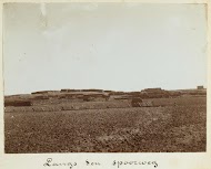 Zicht vanuit een trein op een woestijndorp in Syrië