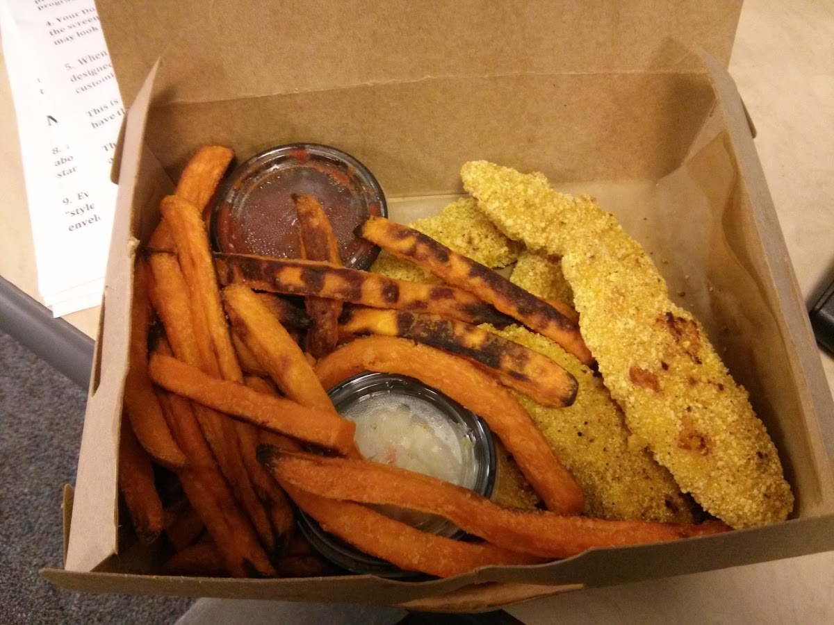 Plain chicken fingers + sw potato fries,  ketchup,  coleslaw which I didn't try.