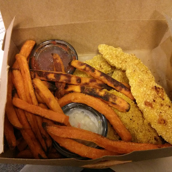 Plain chicken fingers + sw potato fries,  ketchup,  coleslaw which I didn't try.