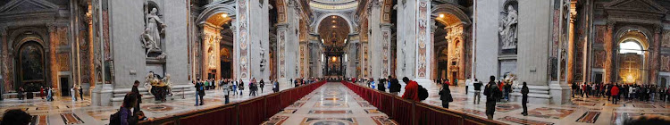 A panorama of the inside of St. Peter's Basilica in Vatican City. 