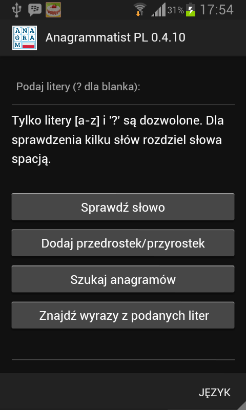 Android application Anagrammatist PL screenshort
