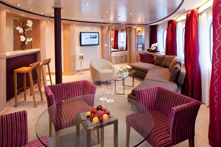 The Owners Suites on board Seabourn Sojourn are spacious, with a separate bedroom, a private and guest bathroom, dining for four, a full wet bar, and a full length window and door that opens onto the private veranda. This suite also offers complimentary wi-fi.