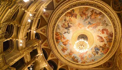 A capture of the decorative Opera House ceiling in Budapest, Hungary. 
