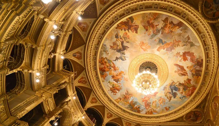 A capture of the decorative Opera House ceiling in Budapest, Hungary. 