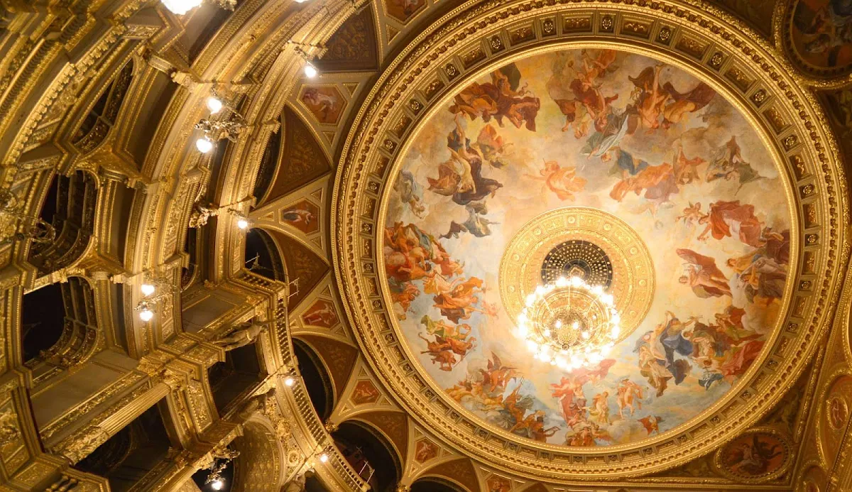 Budapest-Opera-House-ceiling - A capture of the decorative Opera House ceiling in Budapest, Hungary. 