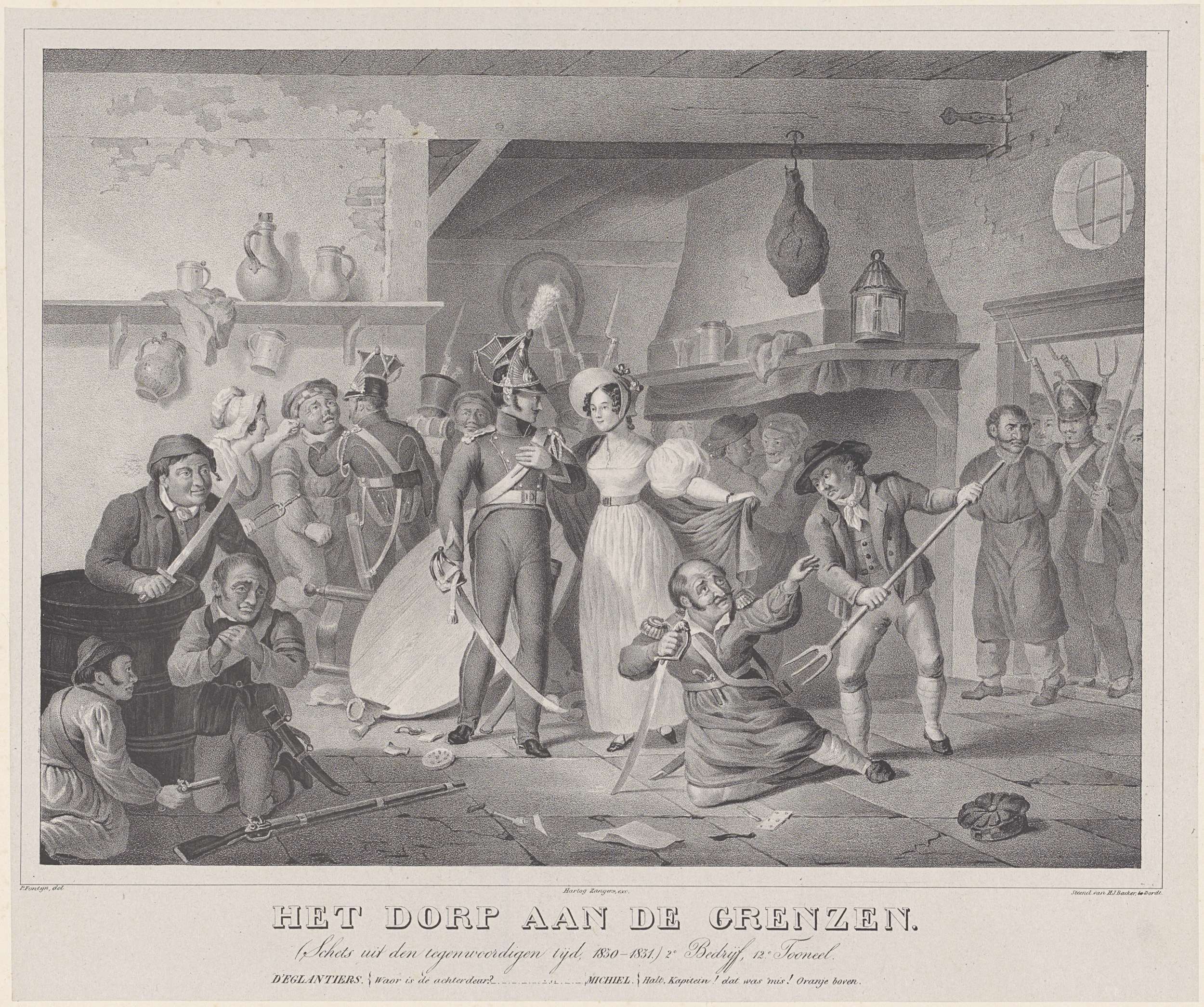 Scène uit het toneelstuk 'Het dorp aan de grenzen', 1830 , Collectie Rijksmuseum Amsterdam Scène uit het toneelstuk 'Het dorp aan de grenzen' van mr. J. van Lennep, eerst opgevoerd in de Amsterdamse Stadsschouwburg op 22 december, 1830. 