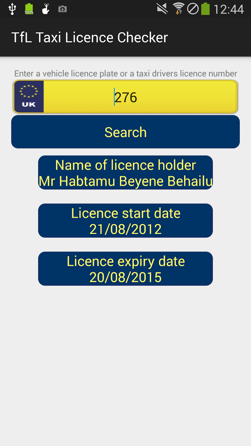 TfL Taxi Licence Checker Screen 2