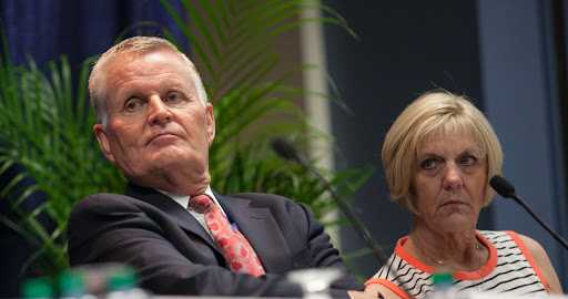 Bob Lepisto, president of SeaDream Yacht Club, and Diane Moore, president of Paul Gauguin Cruises, during a session at Cruise Shipping Miami 2014.