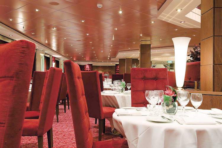 Il Palladio Ristorante, vivid and inviting in red, is one of two main dining rooms on MSC Poesia.