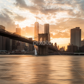Brooklyn Bridge and new world center in the sunset. by Siyu Liu - Buildings & Architecture Bridges & Suspended Structures