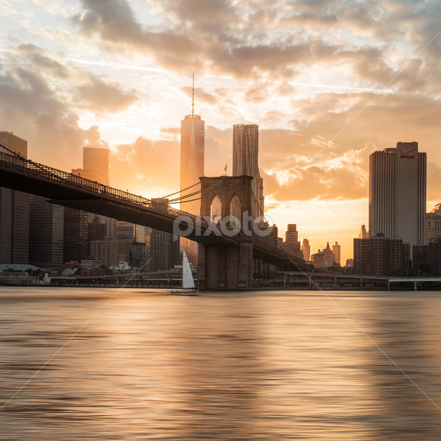 Brooklyn Bridge and new world center in the sunset. by Siyu Liu - Buildings & Architecture Bridges & Suspended Structures