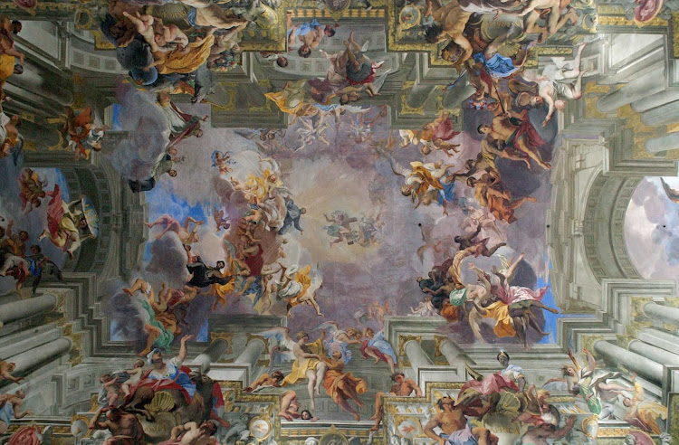 Andrea Pozzo executed this vault fresco in Rome's Church of Sant'Ignazio in 1694 celebrating the success of the missionary activities of the Society of the Jesuits. (The light of the Gospel illuminating the four corners of the world.)   