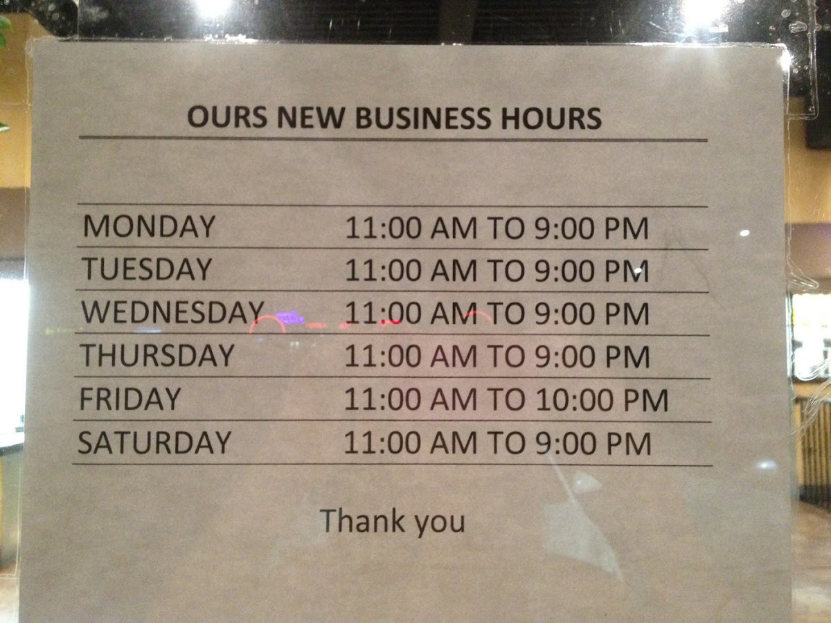 New business hours as of 8/18/12