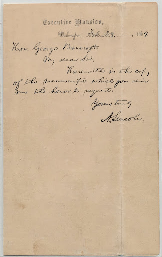 Abraham Lincoln. Autograph Letter to George Bancroft. Washington D.C. February 29, 1864. (Envelope)