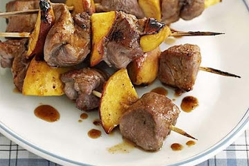Pork & peach kebabs with Little Gem salad