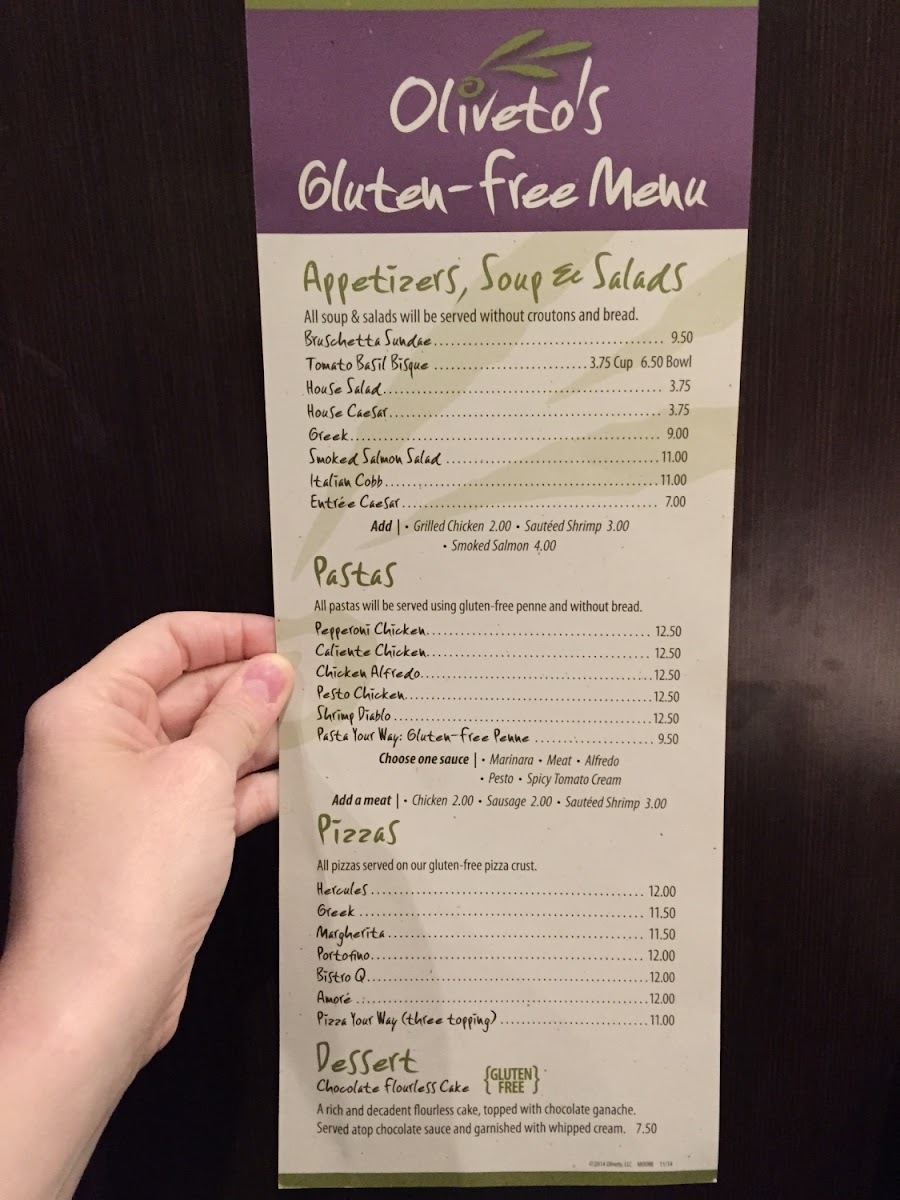 GlutenFree Menu Photo from Oliveto Italian Bistro