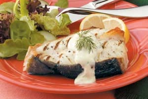 Grilled Halibut with Mustard Dill Sauce
