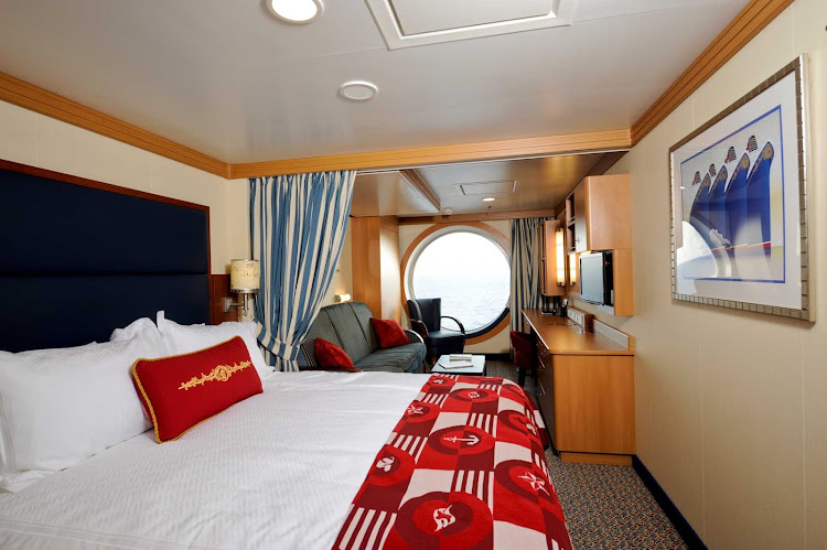 A typical stateroom with a view of the ocean on Disney Dream.  