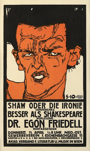 Advertising poster for the lecture by Dr. Egon Friedell “Shaw or Irony