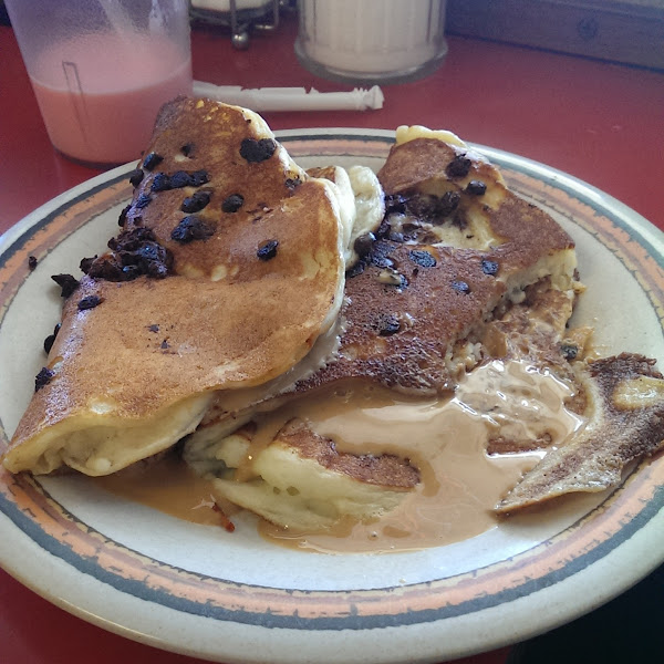"Peanut Butter Cup" pancakes (& strawberry milk in background)
