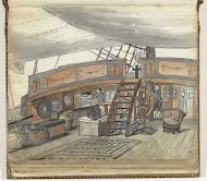 Dekzicht van een Oost-Indiëvaarder met stuurman aan het roer