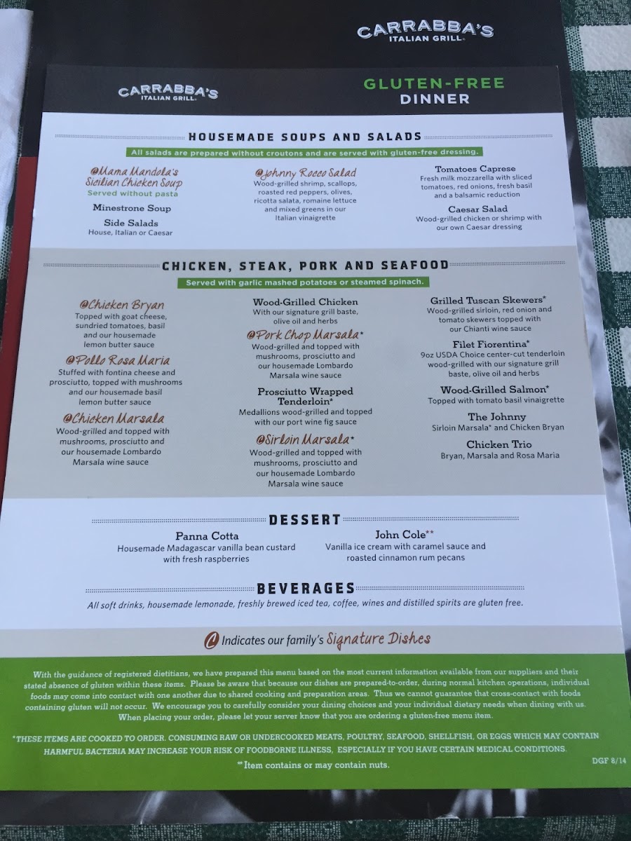 Carrabba's gluten-free menu