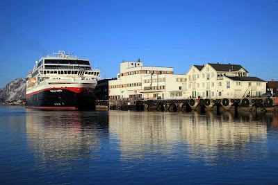 Hurtigruten's Trollfjord docked at the village of Ørnes, Norway.