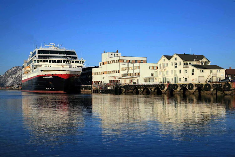 Hurtigruten's Trollfjord docked at the village of Ørnes, Norway.