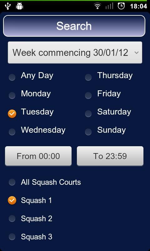 Squash Bookings Screen 2