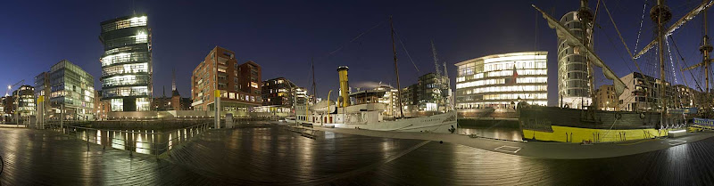 HafenCity, part of Hamburg, Germany, on the Elbe River in the evening.