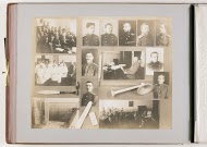 Compositie van veertien foto's van personen en onderwijs aan de Keizerlijke Militair-Medische Academie, gecombineerd met decoratie van medische instrumenten