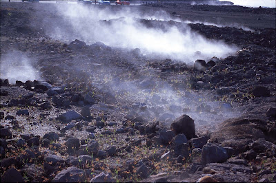 Vapor rises along the trail at Halemaumau Crater, an active volcano on the Big Island of Hawaii. 