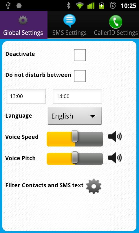 Talking Caller ID &amp; SMS Screen 1