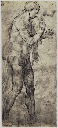 Fotoreproductie van een tekening van Rafaël, staand mannelijk naakt met vlam op zijn hand