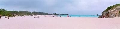 The pink sands of Horseshoe Bay, Bermuda. View from the southwest end of the bay looking northeast. 