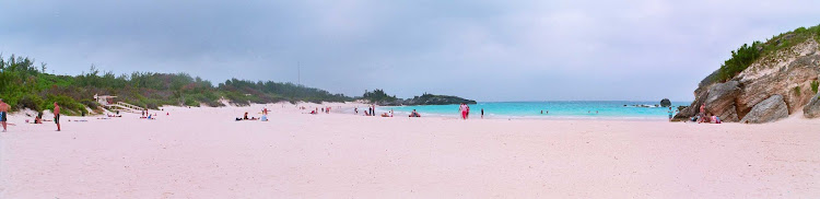 The pink sands of Horseshoe Bay, Bermuda. View from the southwest end of the bay looking northeast. 